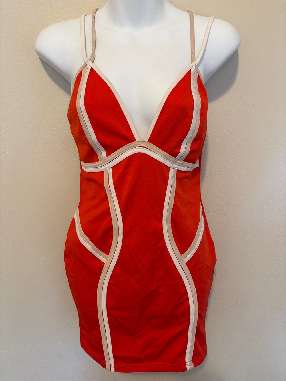 privy Red Bodycon Mini Dress with Cream Trim